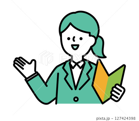 初心者マークを持って笑顔で話すスーツのビジネスパーソンの女性のベクターイラスト 初心者マークを持って笑顔で話すスーツのビジネスパーソンの女性のベクターイラスト 127424398