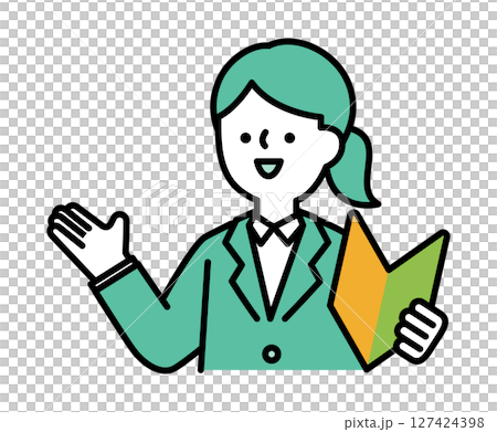 在向量圖上，一位穿著西裝的女士拿著初學者的成績，面帶微笑，邊說邊說 127424398