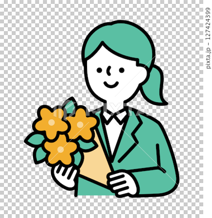 向量圖的一位身穿西裝、手捧花束、面帶微笑的女人 127424399