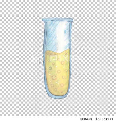 Laboratory test tube with yellow solution inside. Watercolor illustration hand drawn cartoon. Drawing for textiles, for paper, cards and invitations. science, school, laboratory, dishes, liquid, bio 127424454