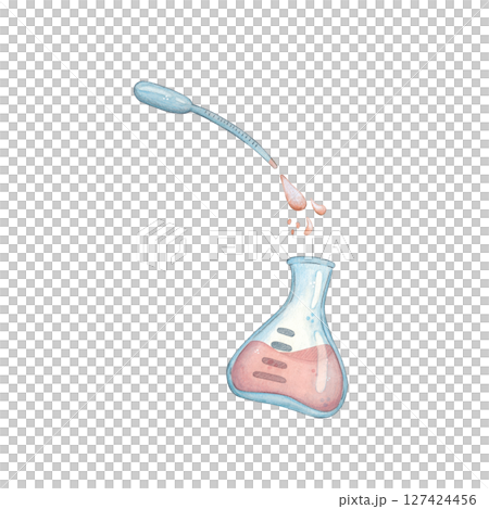Laboratory flask with red liquid and pipette with drops. Watercolor hand drawn cartoon illustration. Drawing for posters, cards and infographics. science, school, laboratory, research, biology 127424456