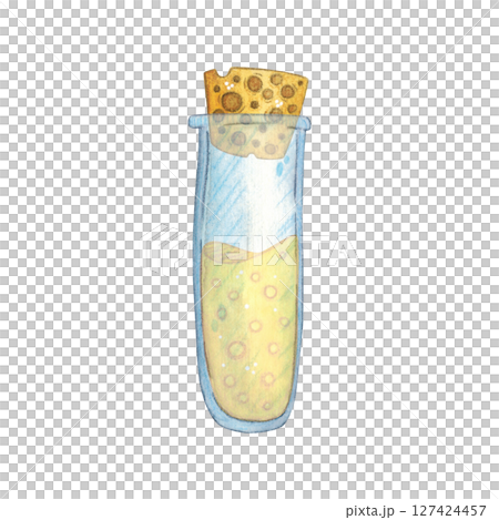 Laboratory test tube with yellow solution inside closed with a stopper. Watercolor illustration hand drawn cartoon. Drawing for textiles, for paper, cards and invitations. science, school, laboratory Laboratory test tube with yellow solution inside closed with a stopper. Watercolor illustration hand drawn cartoon. Drawing for textiles, for paper, cards and invitations. science, school, laboratory 127424457