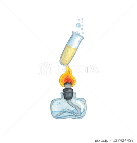 Laboratory test tube over burning spirit, chemical process, reaction. Watercolor handdrawn cartoon illustration. Drawing for posters, cards and infographics. science, school, laboratory, research, bio Laboratory test tube over burning spirit, chemical process, reaction. Watercolor handdrawn cartoon illustration. Drawing for posters, cards and infographics. science, school, laboratory, research, bio 127424458