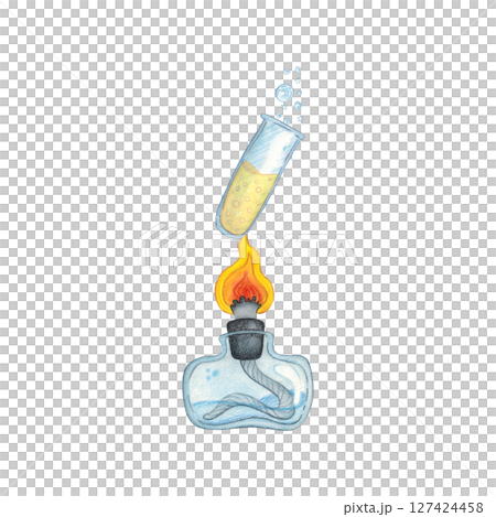 Laboratory test tube over burning spirit, chemical process, reaction. Watercolor handdrawn cartoon illustration. Drawing for posters, cards and infographics. science, school, laboratory, research, bio Laboratory test tube over burning spirit, chemical process, reaction. Watercolor handdrawn cartoon illustration. Drawing for posters, cards and infographics. science, school, laboratory, research, bio 127424458