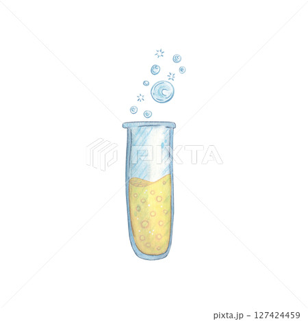 Laboratory test tube with yellow solution inside and flying bubbles. Watercolor illustration hand drawn cartoon. Drawing for textile, for paper, cards and invitations. science, school, laboratory Laboratory test tube with yellow solution inside and flying bubbles. Watercolor illustration hand drawn cartoon. Drawing for textile, for paper, cards and invitations. science, school, laboratory 127424459