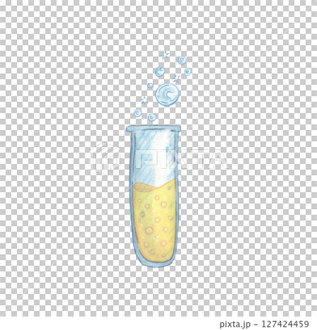 Laboratory test tube with yellow solution inside and flying bubbles. Watercolor illustration hand drawn cartoon. Drawing for textile, for paper, cards and invitations. science, school, laboratory Laboratory test tube with yellow solution inside and flying bubbles. Watercolor illustration hand drawn cartoon. Drawing for textile, for paper, cards and invitations. science, school, laboratory 127424459