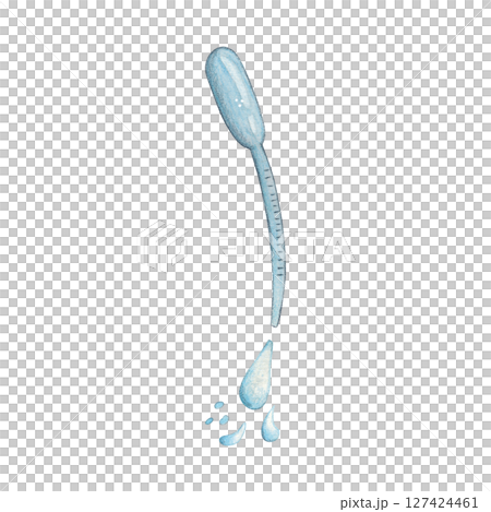 Laboratory pipette and drops flying from it. Watercolor illustration hand drawn cartoon. Drawing for textiles, for paper, cards and invitations. science, school, laboratory, dose, drip Laboratory pipette and drops flying from it. Watercolor illustration hand drawn cartoon. Drawing for textiles, for paper, cards and invitations. science, school, laboratory, dose, drip 127424461