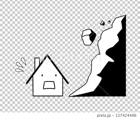崖崩れに慌てる家のシンプルな白黒イラスト 127424486