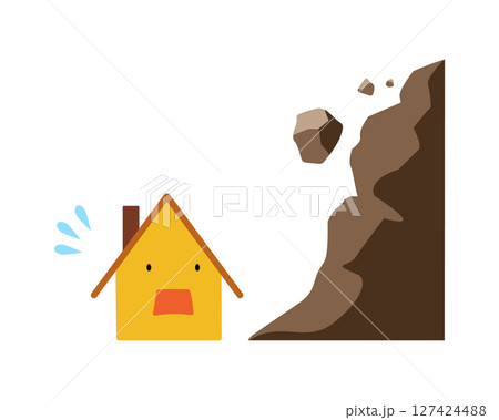 崖崩れに慌てる家のシンプルなイラスト 127424488