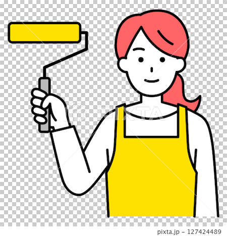 穿著圍裙、手持油漆滾筒的女子 127424489