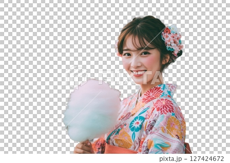 身穿浴衣的女子手捧棉花糖 127424672