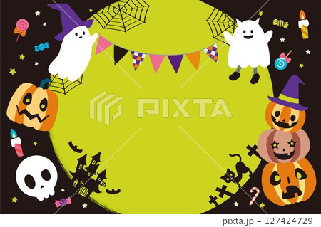 ハロウィンパーティー ジャックオランタンとオバケの背景素材 横長 ハロウィンパーティー ジャックオランタンとオバケの背景素材 横長 127424729
