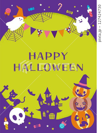 ハロウィンパーティー ジャックオランタンとオバケの背景素材 文字入り 縦長 ハロウィンパーティー ジャックオランタンとオバケの背景素材 文字入り 縦長 127424730
