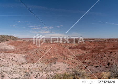 Painted desert landscape in Petrified Forest National Park under clear skies Painted desert landscape in Petrified Forest National Park under clear skies 127424826