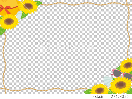 帶有夏季主題的向日葵、草帽和繩索的框架插圖_橫向 帶有夏季主題的向日葵、草帽和繩索的框架插圖_橫向 127424830