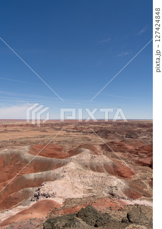 Painted desert landscape in Petrified Forest National Park under clear skies Painted desert landscape in Petrified Forest National Park under clear skies 127424848