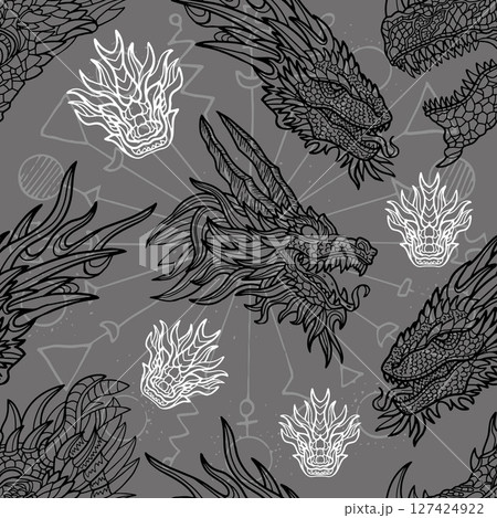 Seamless pattern with fantasy illustrations of dragons and decorated elements. Vector line art background with mystic, epic and adventures concept Seamless pattern with fantasy illustrations of dragons and decorated elements. Vector line art background with mystic, epic and adventures concept 127424922