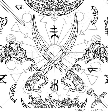 Seamless pattern with fantasy illustrations of swords, demons, mystic signs and decorated elements. Vector line art background with vintage, epic and adventures concept  127424925