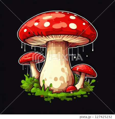 an AI Image Generator, Vivid Illustration of Red Mushrooms with Mossy Surroundings i 127425232