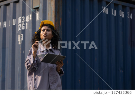 Female African American smiling engineering in uniform wear hard hat standing containers yard holding tablet. Area logistics import export and shipping. 127425366