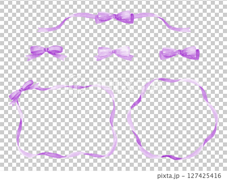 水彩で描いた紫色のリボンフレーム素材セット 127425416
