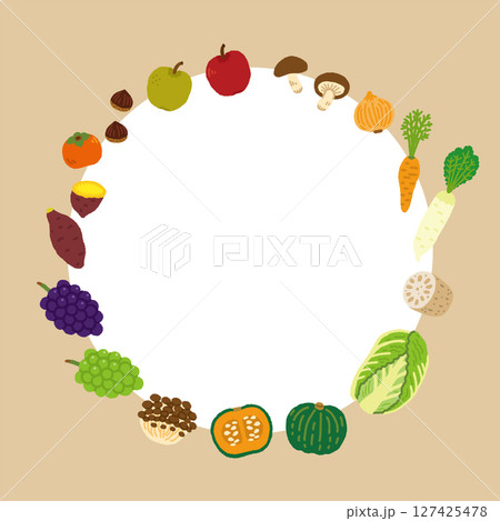 秋の収穫祭をテーマにした野菜と果物のイラストフレーム（円形） 127425478