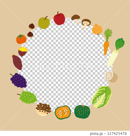 Autumn harvest festival themed vegetable and fruit illustration frame (circular) 127425478