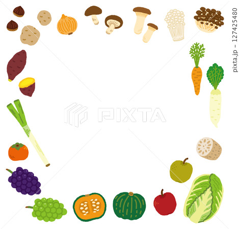 秋の収穫祭を彩る手描きイラストの背景素材（野菜・果物） 127425480