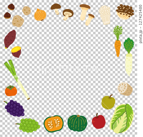 秋の収穫祭を彩る手描きイラストの背景素材（野菜・果物） 127425480