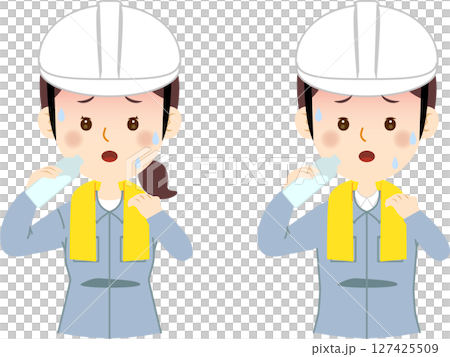 穿著工作服的男女上身採取防暑措施 127425509
