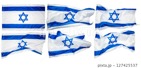 Collection set of Israel national flag waving isolated over a white background. Concept of government and nationality Collection set of Israel national flag waving isolated over a white background. Concept of government and nationality 127425537