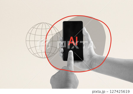 Human hand touches an AI sign on a cellphone screen with a colored background. Concept of Business AI or Artificial Intelligence Technology. Collage art 127425619
