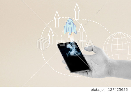 Human hand showing a flying rocket with an upward arrow from a cellphone screen. Concept of business financial planning. Collage art Human hand showing a flying rocket with an upward arrow from a cellphone screen. Concept of business financial planning. Collage art 127425626