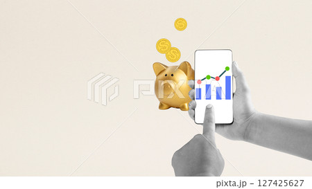 Human hand showing a graph bar with an upward line on a cellphone screen with piggy bank and golden dollar coins on a colored background. Concept of business financial planning. Collage art Human hand showing a graph bar with an upward line on a cellphone screen with piggy bank and golden dollar coins on a colored background. Concept of business financial planning. Collage art 127425627