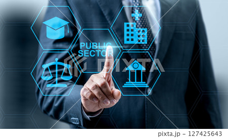 Businessman touching public sector icon. Technology innovation on a virtual screen. Concept of public sector governance 127425643