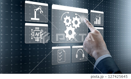 Businessman touching icon of gear. Technology innovation on a virtual screen. Concept of robotic process automation 127425645