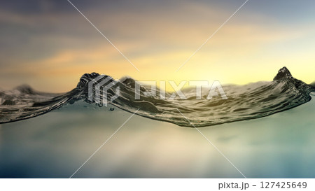 Clear water surface texture with ripples, splashes, and bubbles with sunlight. Abstract summer background 127425649