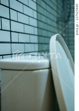 Side view of the toilet and toilet seat 127425680