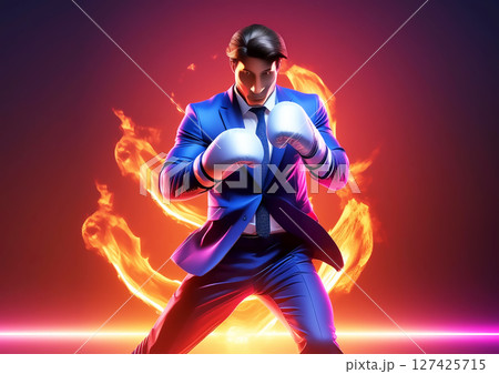 ボクシンググローブを装着して戦うビジネスマンの3dイラスト ボクシンググローブを装着して戦うビジネスマンの3dイラスト 127425715