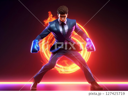 ボクシンググローブを装着して戦うビジネスマンの3dイラスト ボクシンググローブを装着して戦うビジネスマンの3dイラスト 127425719
