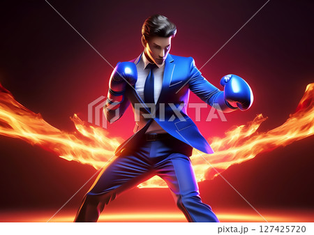 ボクシンググローブを装着して戦うビジネスマンの3dイラスト ボクシンググローブを装着して戦うビジネスマンの3dイラスト 127425720