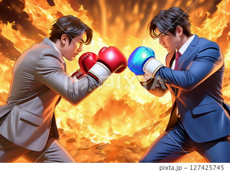 ボクシンググローブを装着して戦うビジネスマンの3dイラスト ボクシンググローブを装着して戦うビジネスマンの3dイラスト 127425745