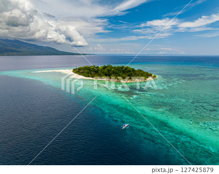 Mantigue Island with white sand beach under blue skies and clouds. Turquoise water atoll and coral reefs. Camiguin, Philippines. 127425879