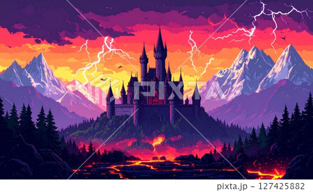 レトロゲーム風の自然なピクセルアート背景（魔王城の外観） Generative AI 127425882