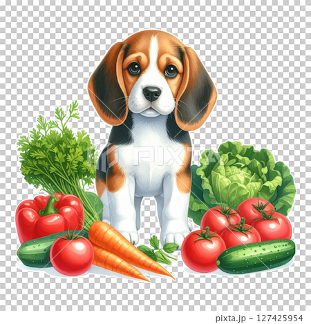 Illustration of summer vegetables and a beagle puppy 3 / Material for flyers and posters Illustration of summer vegetables and a beagle puppy 3 / Material for flyers and posters 127425954