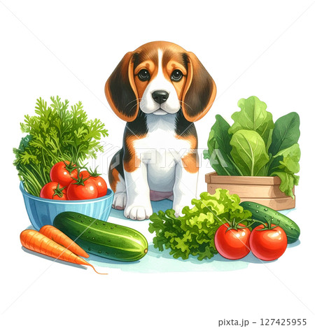 夏野菜とビーグルの仔犬のイラスト4／チラシやポスター用素材 127425955