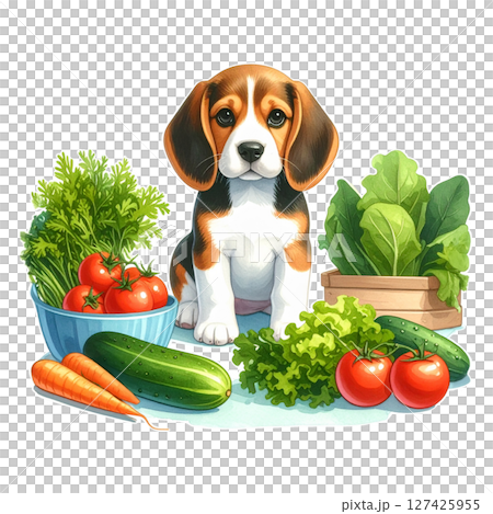 夏野菜とビーグルの仔犬のイラスト4／チラシやポスター用素材 127425955