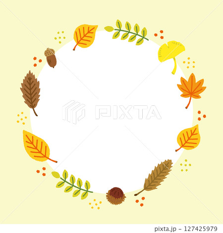 秋の落ち葉とどんぐりの円形フレームイラスト素材 秋の落ち葉とどんぐりの円形フレームイラスト素材 127425979