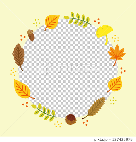 秋の落ち葉とどんぐりの円形フレームイラスト素材 秋の落ち葉とどんぐりの円形フレームイラスト素材 127425979