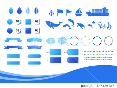 青い海と水のベクターイラスト素材セット。魚と船のアイコン、フレーム、装飾、背景。 青い海と水のベクターイラスト素材セット。魚と船のアイコン、フレーム、装飾、背景。 127426187